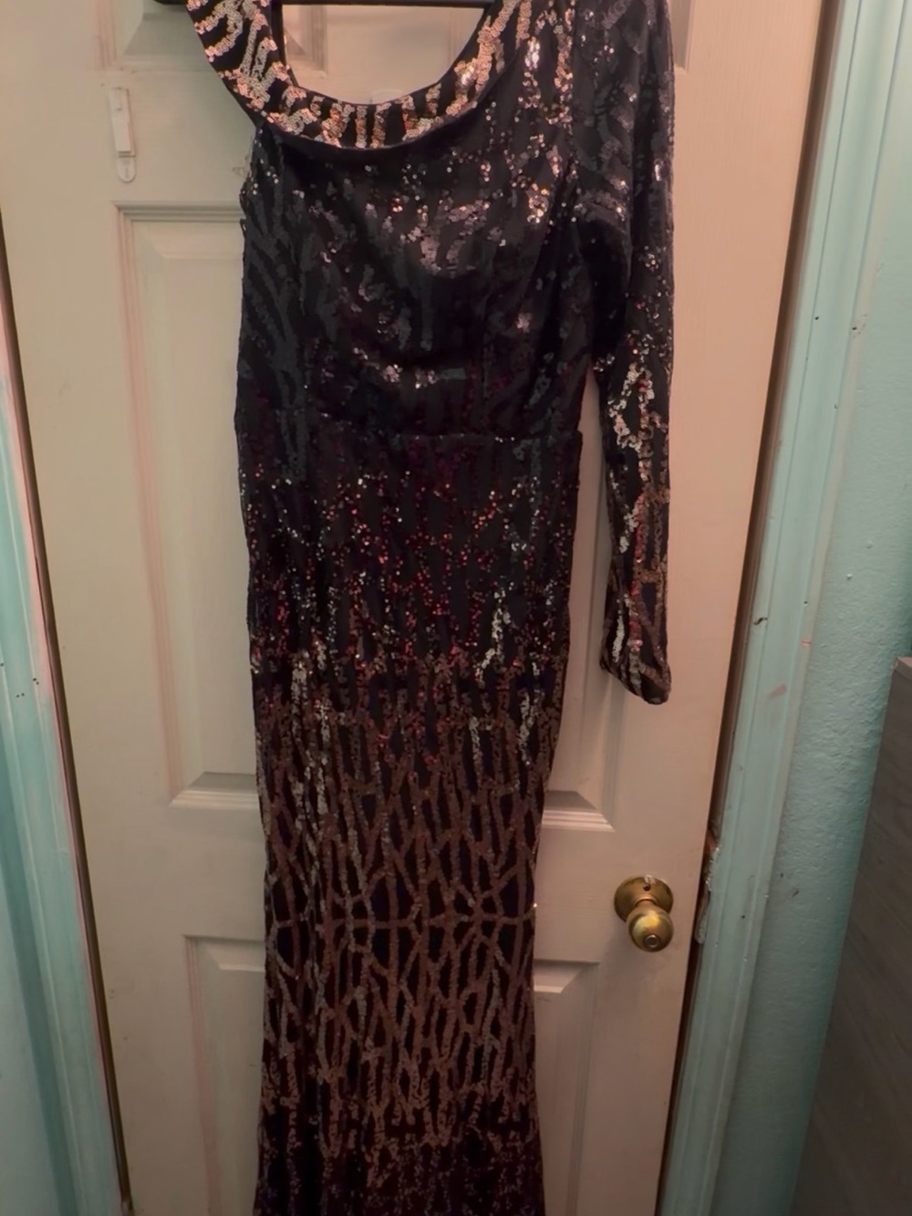 Black Sequin Long Sleeve Evening Gown with Metallic Pattern